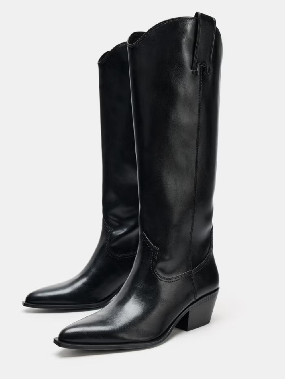 Zara Black Over-the-Knee Leather Boots with Western Topline